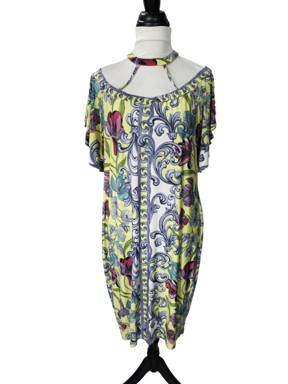 Venus Yellow Floral Choker Neck Flutter Sleeve Dress Large